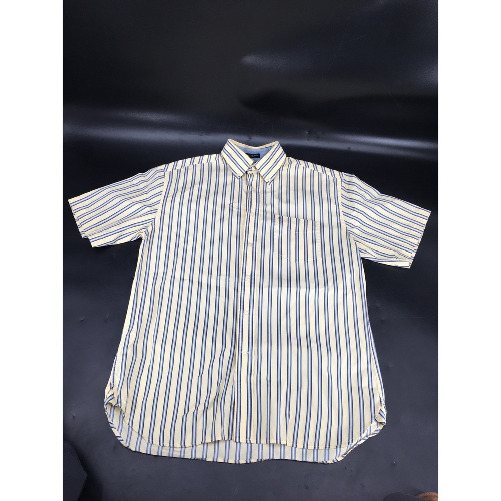 Tommy Hilfiger Yellow Blue Stripe Short Sleeve Men Shirt Size Medium 80's 2 Ply